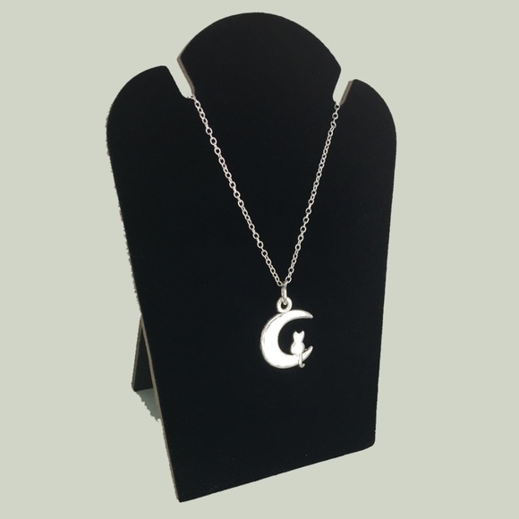 SILVER Plate Chain Kitty on Quarter Moon Necklace Hand-Crafted - Picture 3 of 7